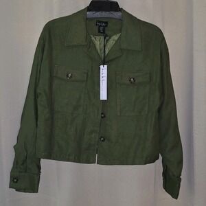 NWT Nicole Miller Moto Linen Boxy Jacket Green Long Sleeve‎ Size M